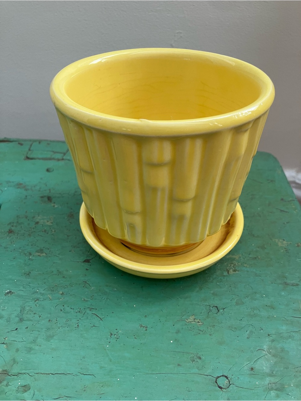 Yellow Ceramic Ribbed Planter with Saucer